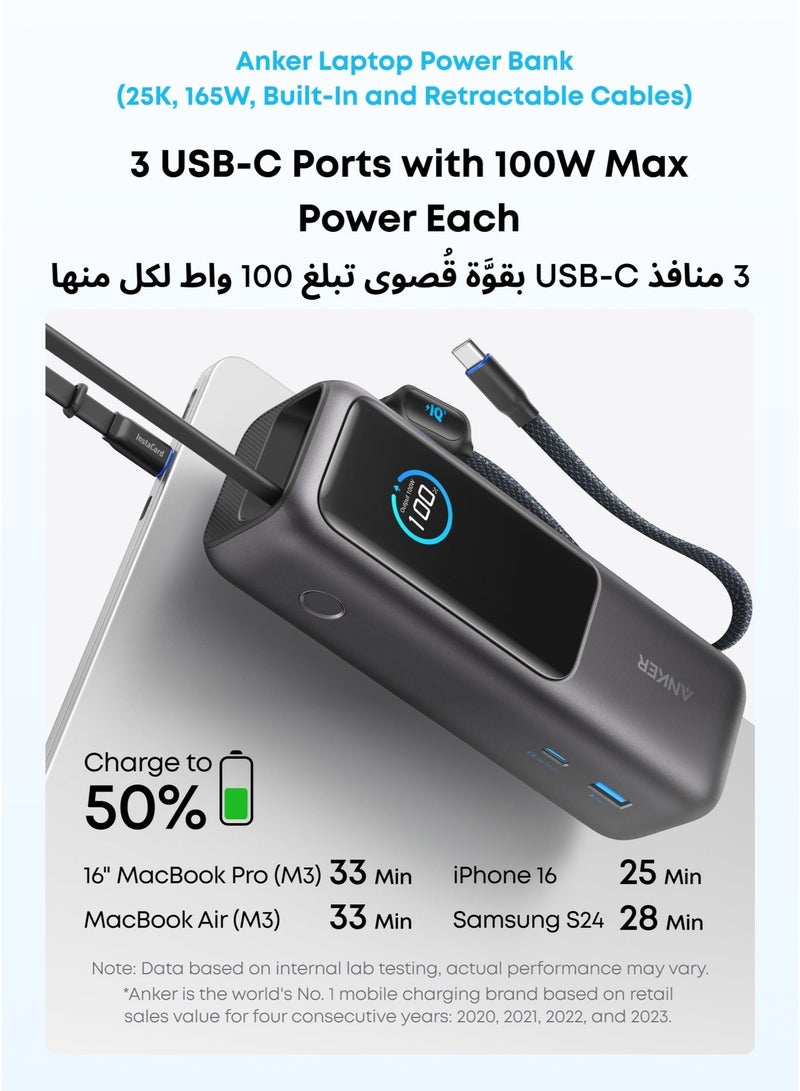 Anker باور بانك، 25,000mAh 165W شاحن محمول فائق السرعة للكمبيوترين المحمولين، حزمة بطارية للشحن السريع مع كابلات مدمجة وقابلة للسحب، لجهاز iPhone 17/16، سامسونج، والمزيد &amp; شاحن ماك بوك نانو 100W، شاحن USB-C لجهاز ماك بوك، آيباد، سلسلة آيفون، جالاكسي، وجميع أجهزة USB C، كابل C بطول 6 أقدام متضمن - حزمة - Image 3